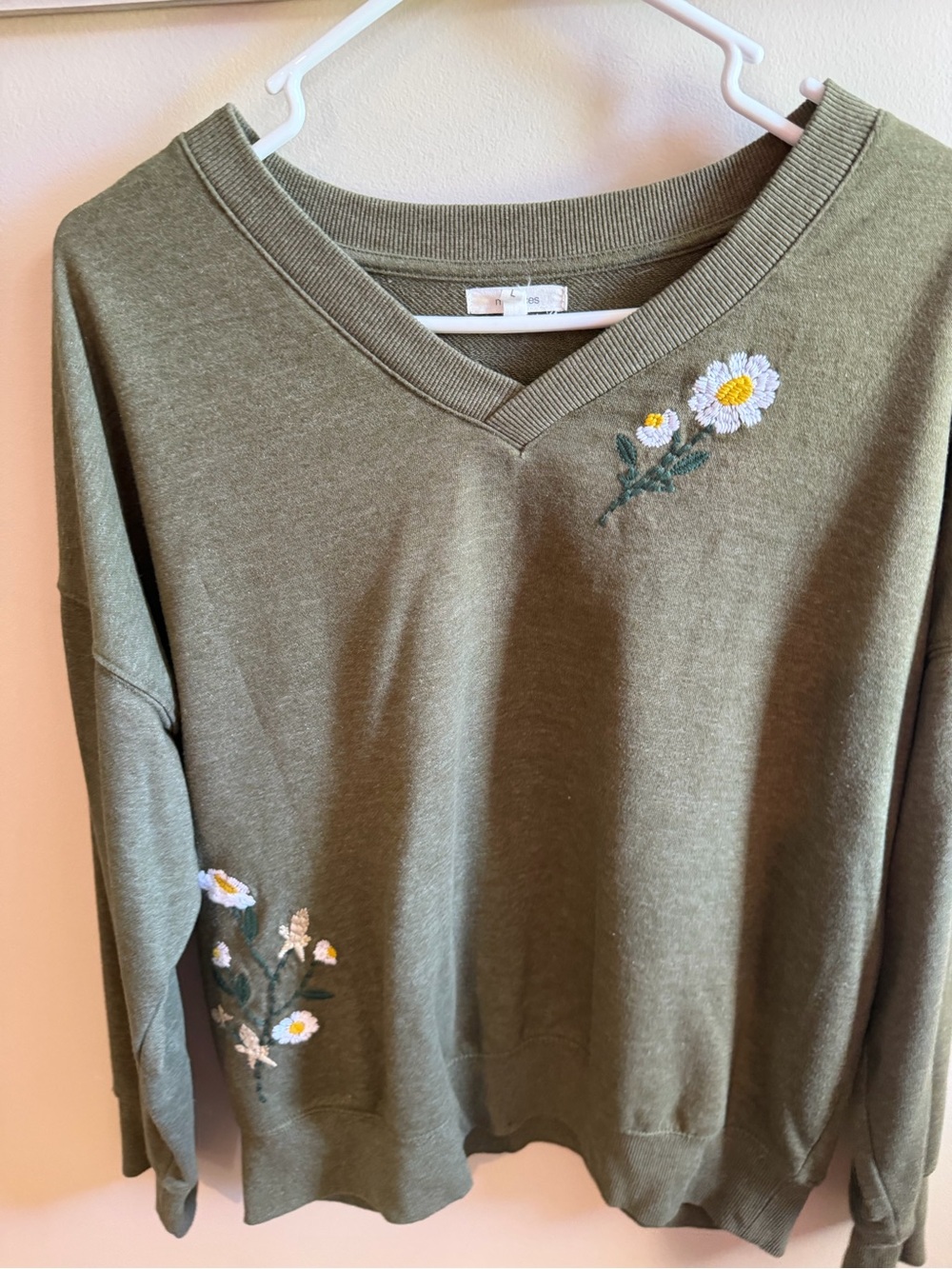 Maurices Olive Green V-Neck Sweatshirt with Daisy Embroidery